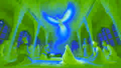 El Simurgh desciende para ayudar a Rudabeh, llenando el palacio persa de luz mientras Zal observa.