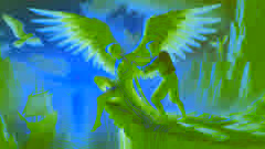 Daedalus befestigt Flügel aus Federn und Wachs an dem ungeduldigen Ikarus, der am Rand der Klippe im Morgengrauen steht.