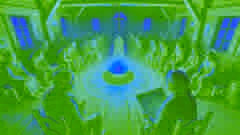 El consejo del pueblo debate un misterioso mapa en una acogedora sala de madera iluminada por un fogón central, mientras los aldeanos se mantienen inquietos.