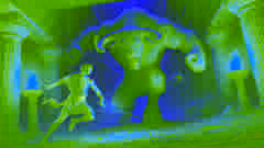 Theseus battling the Minotaur in the heart of the Labyrinth, surrounded by dimly lit stone walls.
