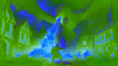 Eadric raises the glowing sword against the massive Wyvern as fire engulfs the ruined village around them