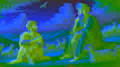 The king and shepherd converse on a green hillside, surrounded by sheep.