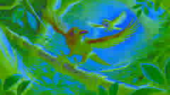  Riley and Soren fly through a forest obstacle course, navigating branches and leaves with determination.