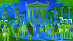 Leonidas und seine Gefährten kommen in Olympia an, umgeben von majestätischen Marmorsäulen und dem beeindruckenden Tempel des Zeus im Hintergrund.
