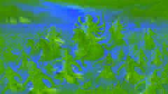 Die Armeen des Mahishasura prallen auf einem chaotischen Schlachtfeld mit den göttlichen Kräften zusammen, während Durga in der Ferne auf ihrem Löwen sitzt.
