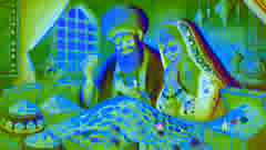 Ali Baba und seine Frau zählen den Schatz zu Hause.