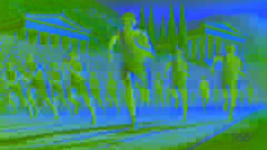Athletes sprinting in the stadion race, with Echemos leading the race.