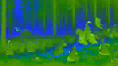 El rey Alfonso III lidera a sus tropas en un denso bosque, sorprendiendo a las fuerzas moras durante la Batalla de Covadonga.