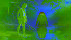La guerrera Naru se mantiene firme al borde del río, enfrentándose al Bunyip que emerge del agua al amanecer.