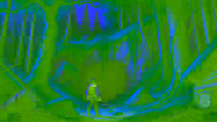 Cemşab se queda maravillado a la entrada de una cueva oculta en un denso bosque, sosteniendo un hacha en una mano.