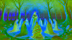 Mairéad kneels before glowing Sídhe council in a golden clearing surrounded by luminous trees, sealing a sacred pact.