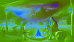Arman and Aksakal converse by a fire with Kyzyl To glowing faintly in the twilight background.