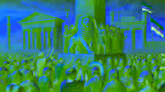 Third column of Persepolis with lion symbol, surrounded by citizens and soldiers.