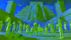 Atl stands before the high priests at the grand temple of Tlaloc in Teotihuacan, surrounded by ceremonial offerings.