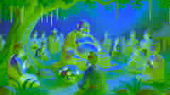 Villagers gathered peacefully around the Laughing Buddha’s resting place under a tree, paying their respects.