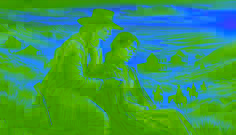 Calamity Jane ayuda a un colono febril en un modesto asentamiento fronterizo bajo un vasto cielo azul.