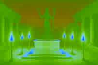 Un altar de alabastro bajo un cielo estrellado, mientras las llamas danzan alrededor de una estatua de la diosa Inanna.