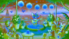 Pete the Cat performing on a rooftop stage at sunset, lanterns glowing and fireflies swirling