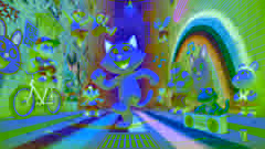 Pete the Cat dancing with breakdancers and playing a xylophone-like grate in a mural-lined alley