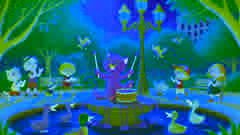 Pete the Cat drumming on a fountain edge with sparrows, ducks, and park visitors joining in