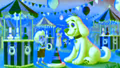 Clifford offering his paw to help a child with a carnival game at the bustling midway