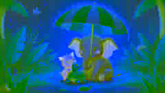Elephant and Piggie sheltering under a giant umbrella in the rain