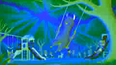 Llama Llama swinging high on a park swing under shady trees with a bright playground behind