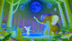 Elephant and Piggie listening to a haunting tune under moonlight