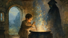 Gwion Bach stirring Ceridwen's magical cauldron as mystical light swirls