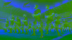 The New Zealand All Blacks rugby team performing the haka in a stadium before a match, with spectators in the background.