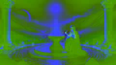 Darian sits beside the glowing Silver Fountain at night, writing in a journal under a serene moonlit sky.