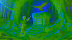 Erik touches the glowing raven-shaped amulet on a moss-covered pedestal in the ruins of the Black Forest.