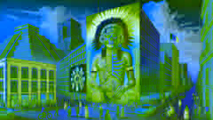 El México actual con un mural de Xipe Tótec que fusiona elementos culturales antiguos y contemporáneos.