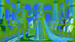Alpamys presenting the Golden Cup of Tengri to the Khan in a grand hall with Gulbarshin watching.
