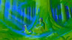 El anciano Hiroshi se sienta junto al bake-danuki en el bosque, compartiendo una tranquila despedida.
