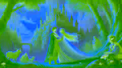 La princesa y Valemon, ahora humano, se abrazan frente al castillo del troll mientras la luz del sol se filtra entre las nubes.