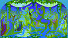  A wedding feast turns chaotic as a centaur grabs the bride, surrounded by humans and centaurs in a festive setting.