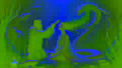 Le chaman Qiluq peigne les cheveux de Sedna sous l'eau tandis que des animaux marins nagent autour d'eux dans une lueur éclatante.