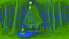 Vasilisa, una joven con una expresión decidida, se acerca a la cabaña de Baba Yaga en el oscuro bosque.