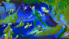 Peter Pan y Wendy rescatando a Tiger Lily de los piratas de Hook cerca de la laguna de las sirenas.