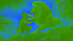 Heracles luchando contra el León de Nemea en un paisaje áspero, con expresiones intensas y una iluminación dramática.