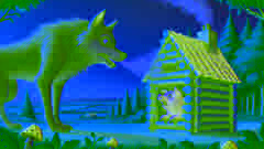 El lobo soplando la casa de paja del segundo cerdito.