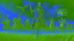 El rey Arturo lidera a sus caballeros en la batalla, sosteniendo a Excalibur en alto mientras nubes oscuras se ciernen sobre el campo de batalla.