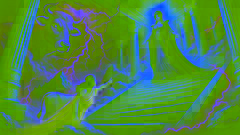 Hera stands on a staircase, looking down at a woman turned into a cow in a scene of righteous anger and lightning.