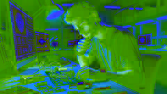 Alex trabajando hasta tarde en la noche en un laboratorio desordenado, rodeado de dispositivos electrónicos, ajustando su dispositivo Memo con intensa concentración.