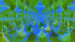 Princesas y príncipes bailando alegremente en un gran salón de palacio, adornado con candelabros de cristal y suelos de mármol.