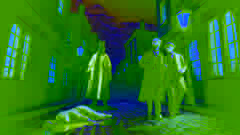 El Sr. Utterson y el Sr. Enfield presencian cómo el Sr. Hyde pisa brutalmente a una joven en una oscura calle de adoquines en Londres.