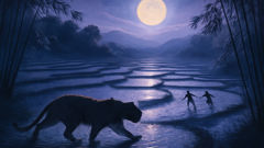 Children fleeing through rice paddies and bamboo with a tiger trailing behind