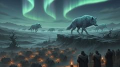 Una manada de lobos colosales se mueve bajo la aurora mientras los aldeanos se reúnen, y la escena equilibra la amenaza y el asombro.