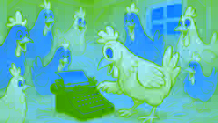 A group of ever-curious hens clustered around a typewriter as one pecks at the keys.